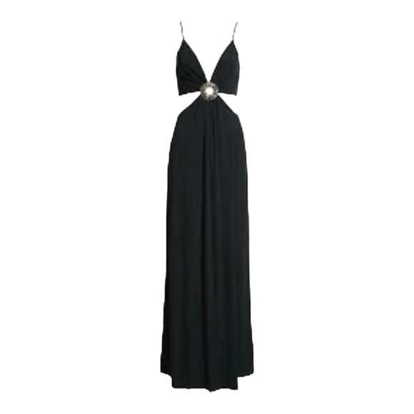 Ramy Brook Rivana Beaded Buckle Cutout Waist Maxi Dress Gown in Black - Picture 8 of 9